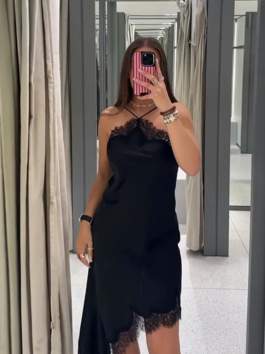 Women's Sexy Halter Lace Hem Romantic Dress Fashion Backless Dip Hem Slip Long Dress Lady 2025 Summer Chic Evening Party Vestido
