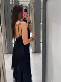 Women's Sexy Halter Lace Hem Romantic Dress Fashion Backless Dip Hem Slip Long Dress Lady 2025 Summer Chic Evening Party Vestido