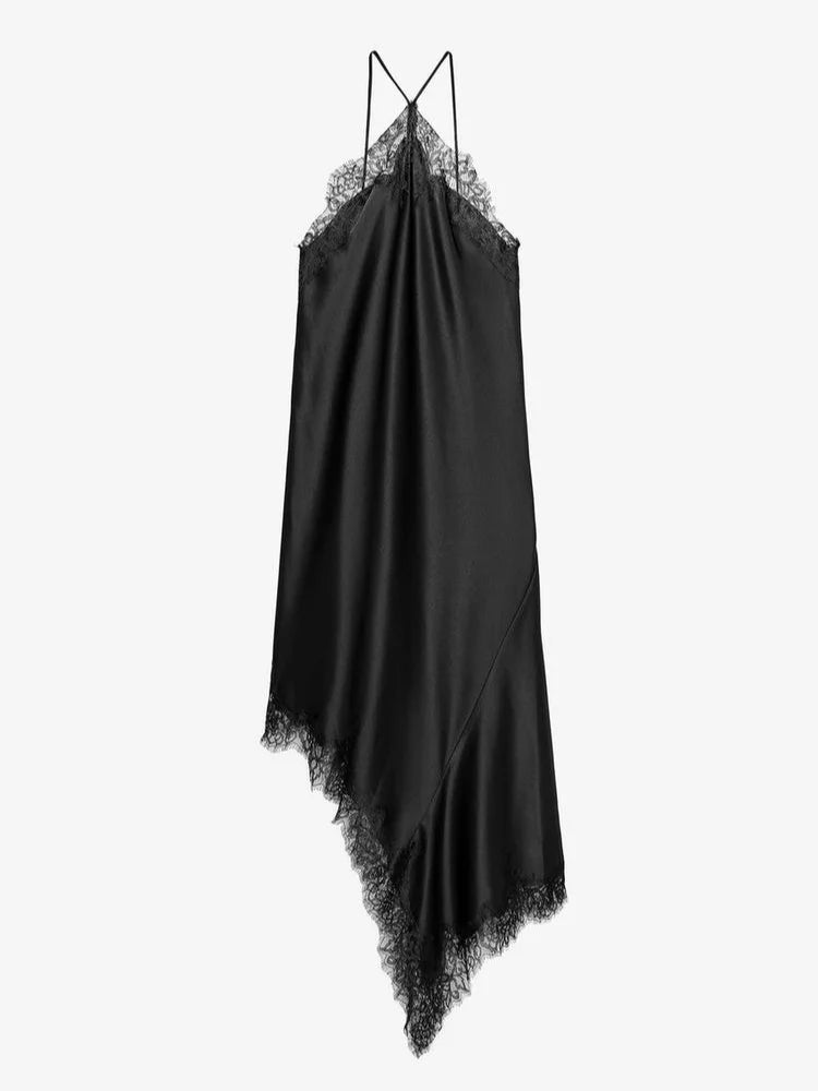 Women's Sexy Halter Lace Hem Romantic Dress Fashion Backless Dip Hem Slip Long Dress Lady 2025 Summer Chic Evening Party Vestido