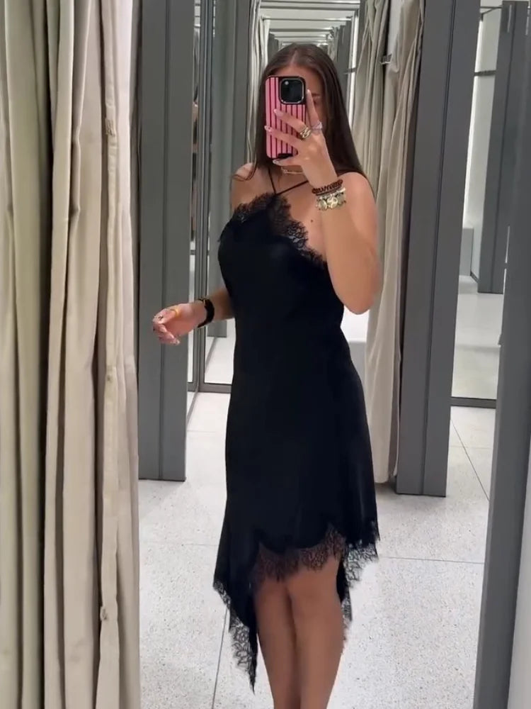Women's Sexy Halter Lace Hem Romantic Dress Fashion Backless Dip Hem Slip Long Dress Lady 2025 Summer Chic Evening Party Vestido