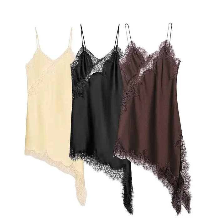 TRAF Lace Asymmetric Dress Summer New 2025 Women's clothing Fashion V-neck Sexy mini dress vest chic French Evening