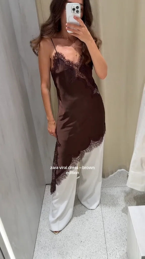 Women's Sexy Halter Lace Hem Romantic Dress Fashion Backless Dip Hem Slip Long Dress Lady 2025 Summer Chic Evening Party Vestido