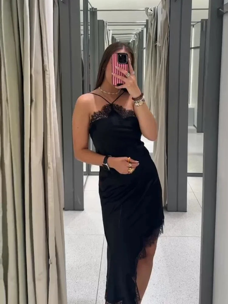 Women's Sexy Halter Lace Hem Romantic Dress Fashion Backless Dip Hem Slip Long Dress Lady 2025 Summer Chic Evening Party Vestido